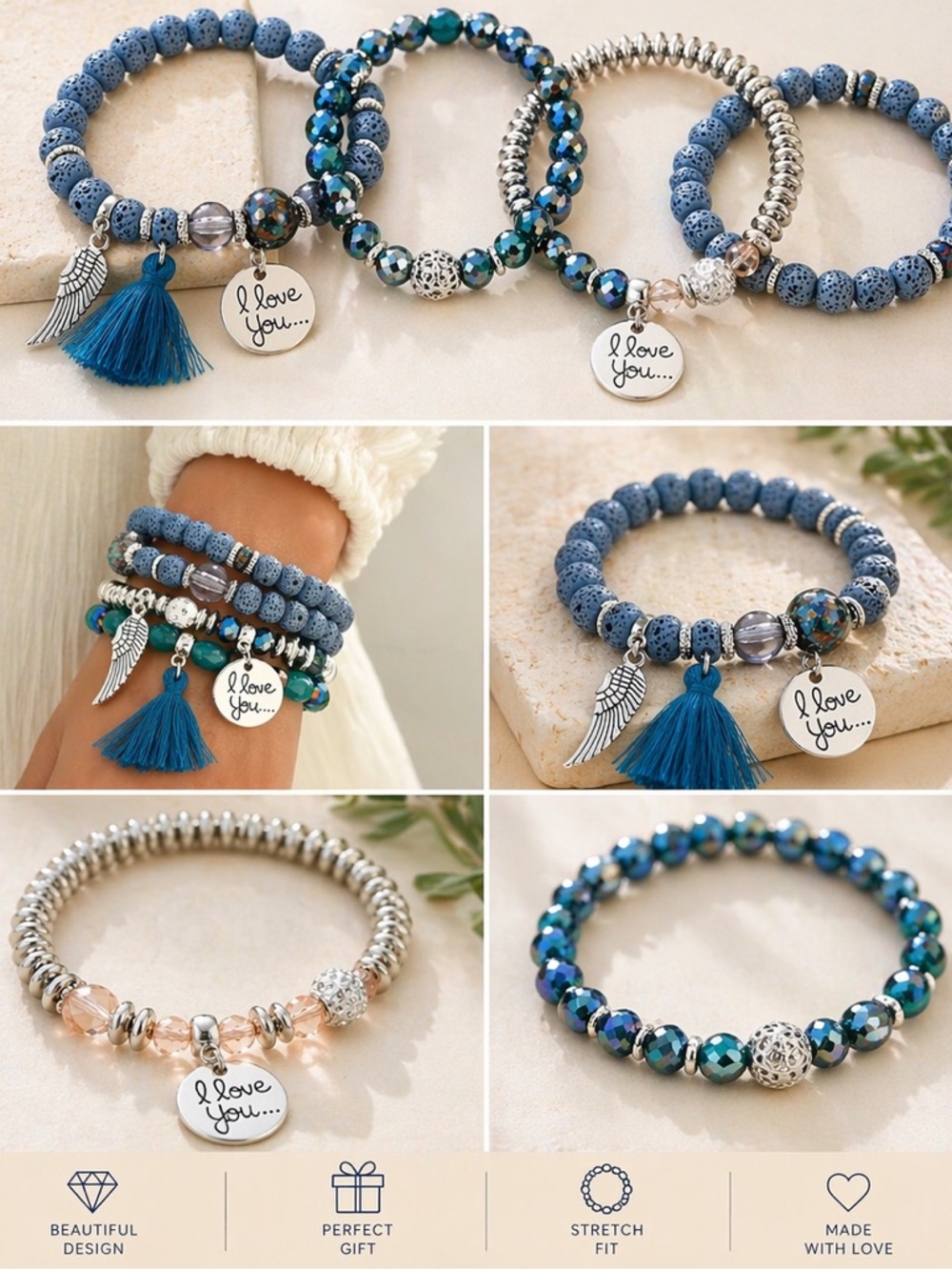 Bracelet Set with Tassel and Wing Charms - Women's Jewelry - Picture 3 of 4